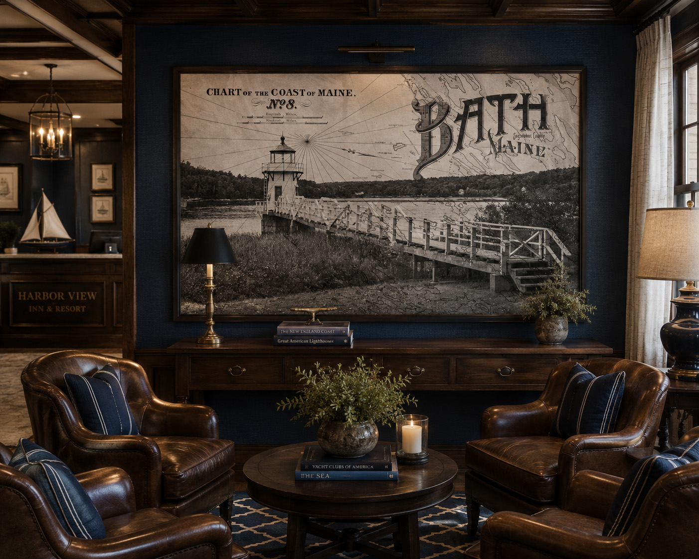 Heritage and Mixed Media coastal lighthouse artwork installed in a luxury New England inn lobby